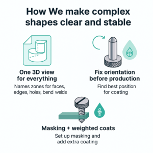 Clear infographic showing how 3D modeling, orientation control, masking design, and weighted coating improve coating stability for complex titanium anode parts. Optimized for searches related to titanium anodes, titanium electrodes, precision coating, and MMO coating processes.