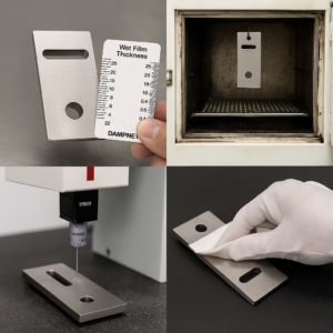 High-resolution photography collage showing key process-window controls for titanium anode and MMO coating production. The images include wet-film thickness measurement, heat-treatment drying/soaking, CMM dimensional inspection, and final surface QC using a white-cloth wipe test. Ideal for illustrating lead-time planning, coating stability, and quality assurance in titanium electrode manufacturing.
