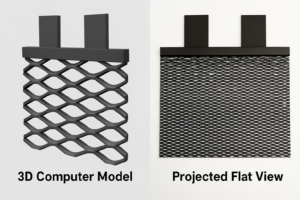 This image compares a 3D computer model of expanded titanium mesh with its projected flat view, highlighting why flat area calculations are insufficient for titanium anodes and MMO coating processes. The illustration shows how slanted ribs and real surface geometry significantly increase true coating area compared to flat projection, affecting g/m² loading, current density, coating thickness, and lifetime performance. Ideal for content related to titanium anodes, expanded mesh electrodes, surface area calculation, and precision coating engineering.