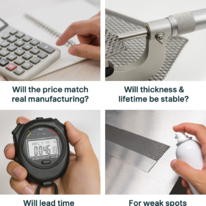 This four-panel photographic image highlights the core questions titanium anode and MMO coating buyers often ask: pricing accuracy based on real manufacturing area, thickness and lifetime stability verified through measurement, predictable production lead time, and controlled coating application on weak zones such as edges and junctions. The visuals show cost calculation, micrometer inspection on expanded mesh, stopwatch timing, and localized coating application—illustrating how process control ensures consistent performance for titanium anodes and industrial electrode coatings.