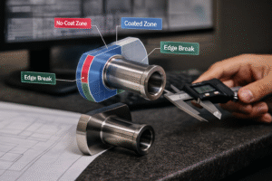 A titanium machined part displayed with CAD-based coating zones, no-coat boundaries, and edge-break specifications, showing how 3D modeling aligns machining datums with coating fixture requirements for precise MMO or platinum coating preparation.
