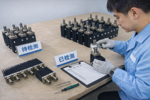 This image shows the quality control process of titanium anodes in a manufacturing facility, where engineers inspect threaded terminals and bolt assemblies using precision calipers. The inspection ensures clean connections, accurate dimensions, and stable performance of titanium anodes used in electroplating, water treatment, and electrochemical systems.
