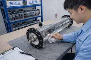 A clean-room quality inspection of a titanium anode assembly, where sealing and fitting performance are verified through water filling and visual leak testing. Engineers check the joint integrity by wiping seams with non-woven cloth to ensure the titanium anode remains completely leak-free, confirming suitability for electroplating, water treatment, and industrial electrochemical applications.