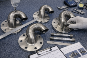 This image shows the final dimensional re-check of titanium anode components, focusing on flange geometry, hole position accuracy, and threaded interface quality before assembly. Each titanium anode part is inspected against the approved drawing to ensure dimensional consistency and installation reliability.