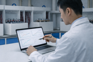 A professional engineer in a white lab coat analyzes accelerated life test (ALT) data on a laptop inside an industrial titanium anode testing laboratory. The environment features controlled electrochemical test chambers used to evaluate voltage behavior, polarization trends, and degradation mechanisms under simulated operating conditions. This image represents data-driven lifetime validation and process reliability assessment for industrial titanium anodes.