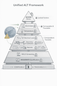 Ehisen’s unified ALT framework defines three controlled stress tiers with locked test factors, ensuring comparable, traceable, and mechanism-consistent lifetime validation for titanium anodes.