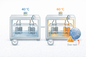 A controlled comparison of electrolyte temperature shows that 60 °C accelerates failure in titanium anode ALT testing, while 40 °C serves as a reference to detect mechanism shift.