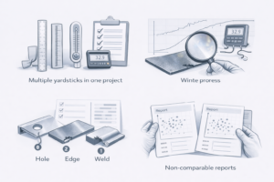 A schematic overview of common pitfalls in titanium anode projects, including non-comparable test metrics, over-burn symptoms, early failure at edges and welds, and inconsistent QC reports. The illustration helps buyers understand how to normalize results using SAL, request proper coating process records, and evaluate MMO titanium anode quality more objectively.