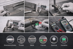 Final inspection of titanium anode using calipers, gauges, and electrical testing tools