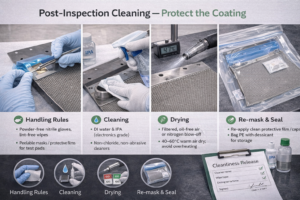 Post-inspection cleaning and coating protection process for titanium anodes, showing glove handling, IPA cleaning, controlled drying, and sealed packaging by a professional titanium anode manufacturer.