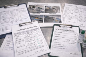 This image shows the complete final inspection and documentation package for titanium anodes, including dimensional inspection checklists, weld and flatness verification records, electrical test logs, cleaning and drying reports, and cleanliness release forms.