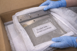 This photo shows a titanium anode being carefully packed using soft, non-abrasive protective materials before shipment. The anode is handled with powder-free nitrile gloves and wrapped in non-woven fabric, bubble wrap, and EPE foam to prevent scratches or damage to the noble-metal coated surface.
