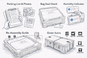 This image illustrates the standard packaging and receiving checklist for titanium anodes, designed to ensure safe transport, clean handling, and fast on-site verification. Each shipment includes layered protective packing, humidity control, clear handling icons, and complete documentation—allowing customers to inspect, unpack, and install titanium anodes with confidence.