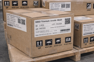 To ensure correct handling, fast receiving, and reliable traceability, each shipment of MMO titanium anodes is labeled at the outer carton level with clear, standardized identification—without direct contact to coated surfaces.