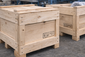 The crates are manufactured using heat-treated (HT) wood and clearly marked with the official IPPC stamp, including country code, supplier code, and treatment method. The wood surfaces are clean and uniform, free from bark, insect damage, or visible contamination, meeting strict phytosanitary requirements for overseas transport.