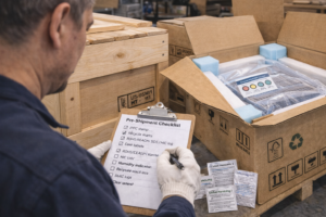 A worker performs a final pre-shipment inspection on packaged titanium anodes, checking outer labels, IPPC/ISPM-15 wooden crates or reinforced cartons, moisture protection, and documentation consistency. This step ensures the packaging meets export, RoHS/REACH, and customer handling requirements before delivery.