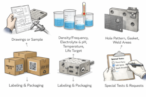 Information checklist required from customers for custom titanium anode design, including drawings, operating window, interface specifications, and testing requirements.