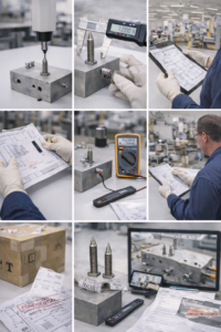 This image shows a clean, white inspection workstation where precision titanium components are verified before shipment. Dimensional checks, document review, and photo/video acceptance are carried out to support remote approval, traceability, and installation readiness for international customers.