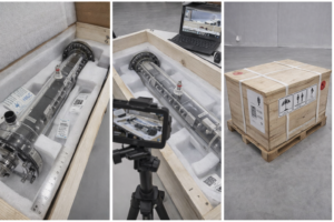 Real shipment documentation showing foam protection, QR labels, humidity control, and sealed export crate. Enables remote acceptance and reduces on-site inspection risk.