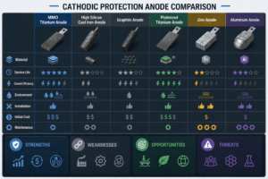 Compare different cathodic protection anodes including MMO titanium, zinc, aluminum, and graphite. Understand performance, lifespan, and cost differences for your application.