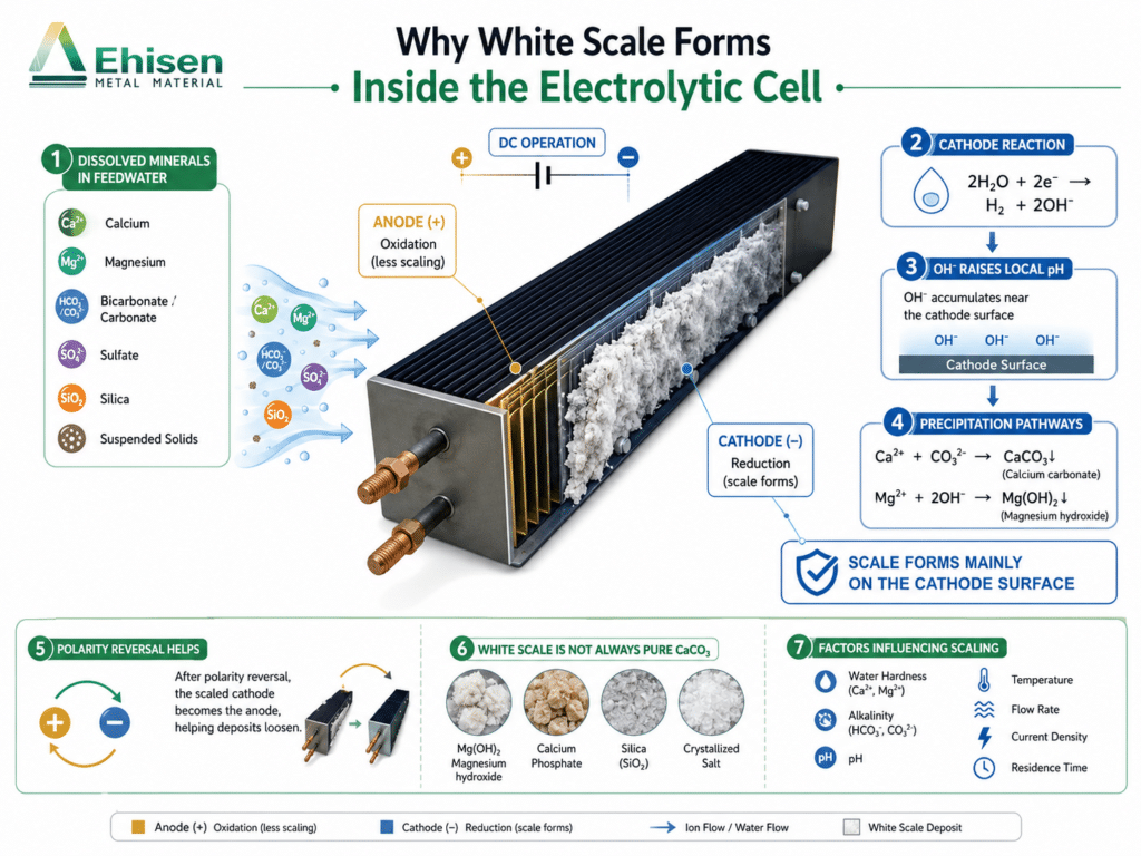 Calcium and magnesium scale formation on cathode in sodium hypochlorite generator electrolytic cell