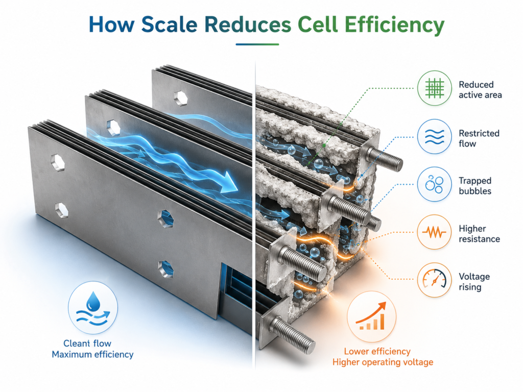 How mineral scale affects titanium electrode efficiency and voltage increase in electrolysis cell