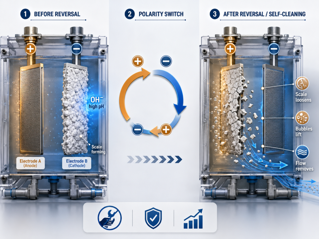 Reverse polarity process removing mineral scale from coated titanium electrodes