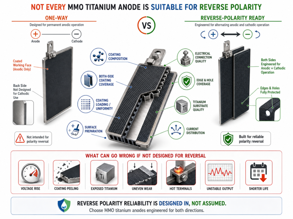 Reverse polarity electrode cleaning combined with water pretreatment for sodium hypochlorite systems